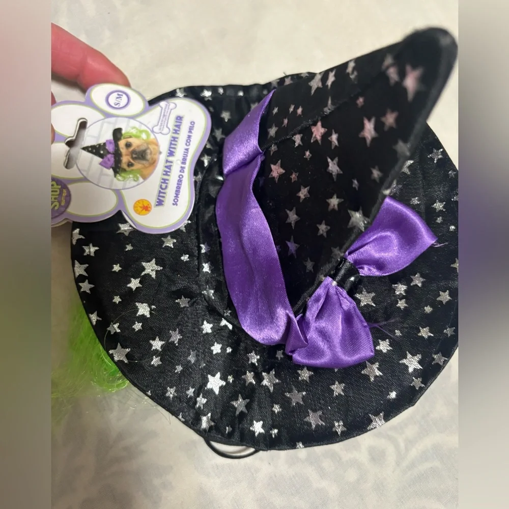 Top Paw Pet shop dog Witch Hat with Purple Bow and Silver Stars